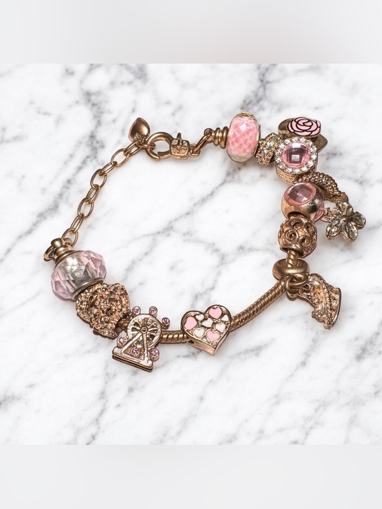 Source Unknown Jewelry - Pandora like Pink Bead and Charm Bracelet with Gold-Tone Accents